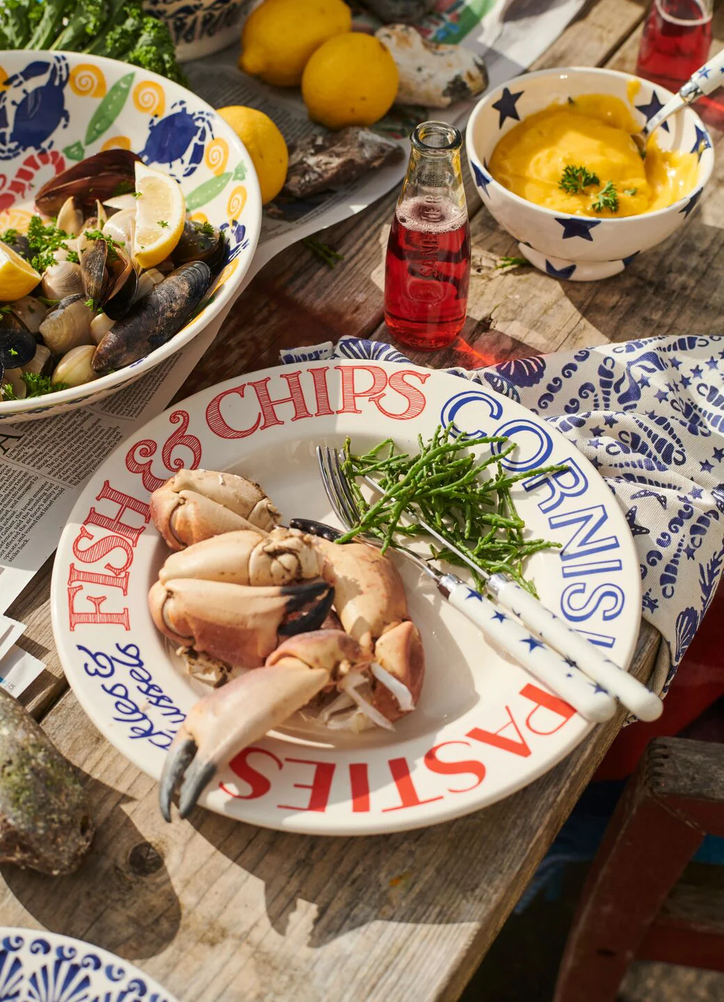 Red & Blue Toast Fish & Chips Large Dinner Plate, 10.5 Inch